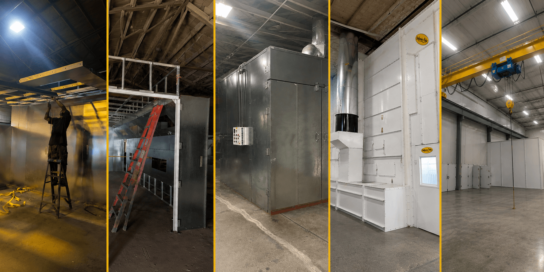California Pulse booth installs, powder coating ovens, and finished booths in customer shops