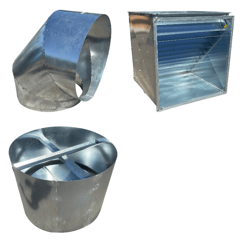 Galvanized duct elbows, round duct, and damper