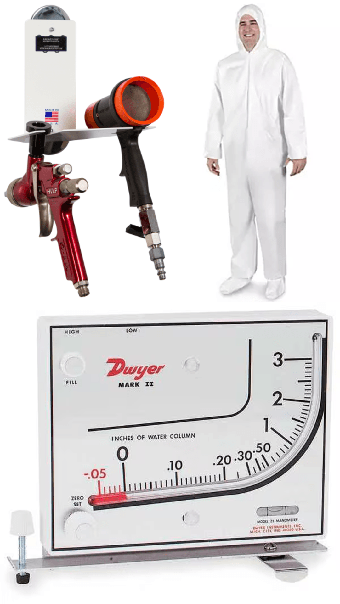 HVLP spray gun, PPE suit, and Dwyer manometer