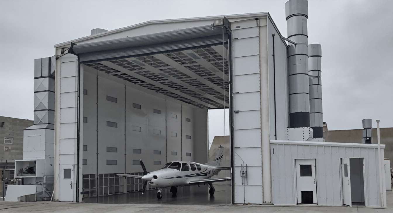 Outdoor spray booth with a raised bi-fold door and an aircraft parked inside