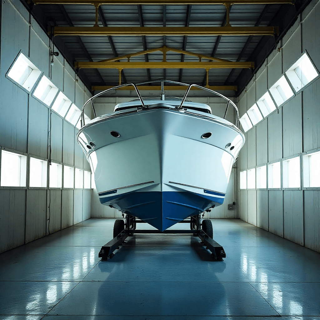 Composite boat hull inside an illuminated marine spray booth ready for finishing