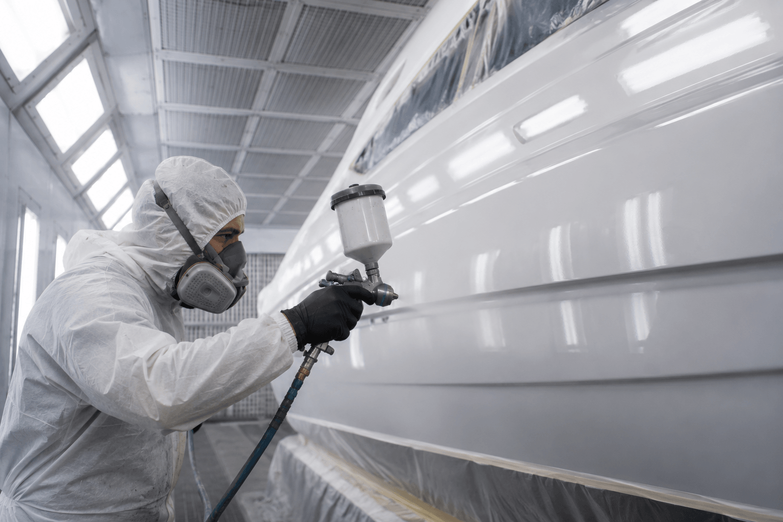 Technician spraying finish coat onto a large composite hull inside a spray booth