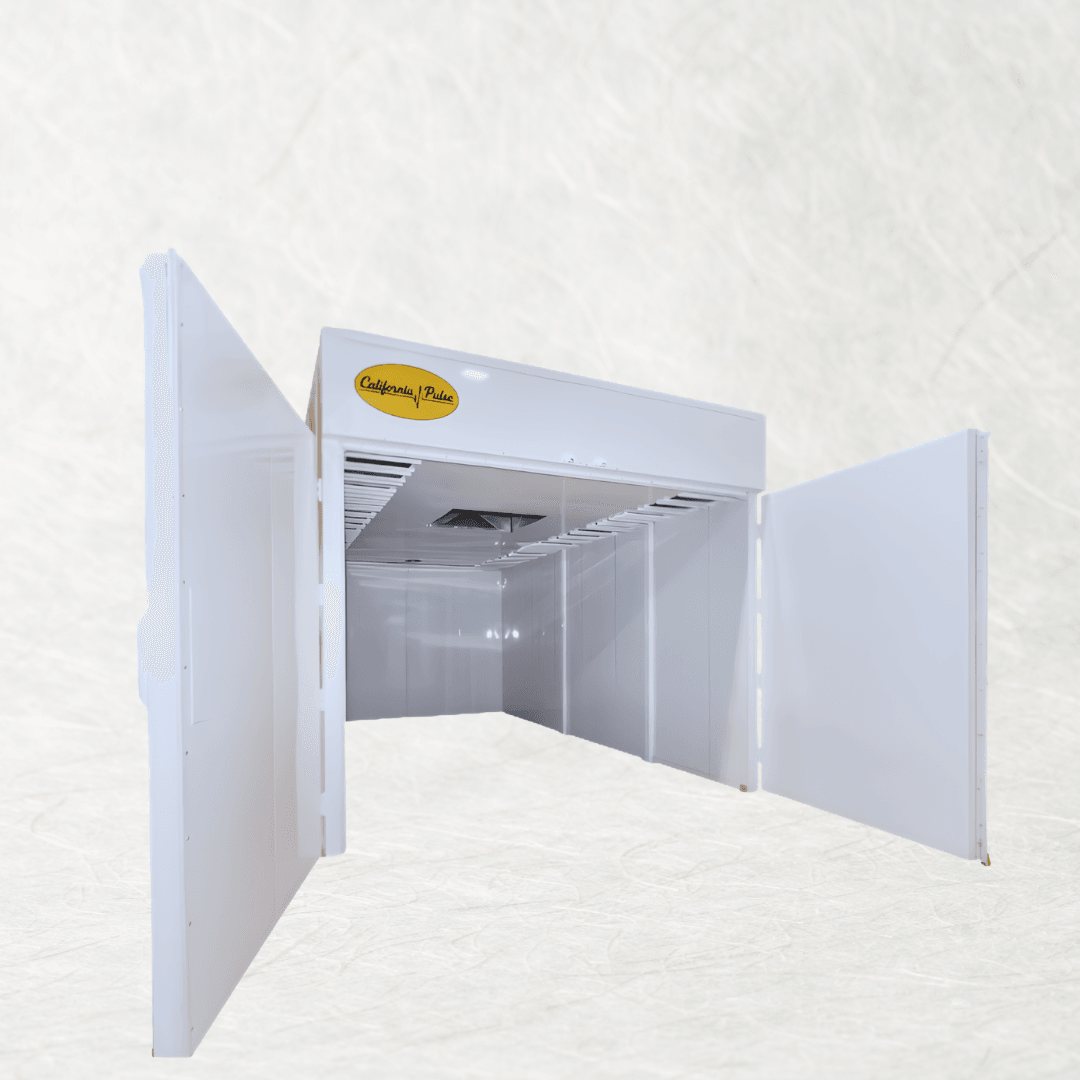 California Pulse powder coating booth with open access panels and filtered ceiling